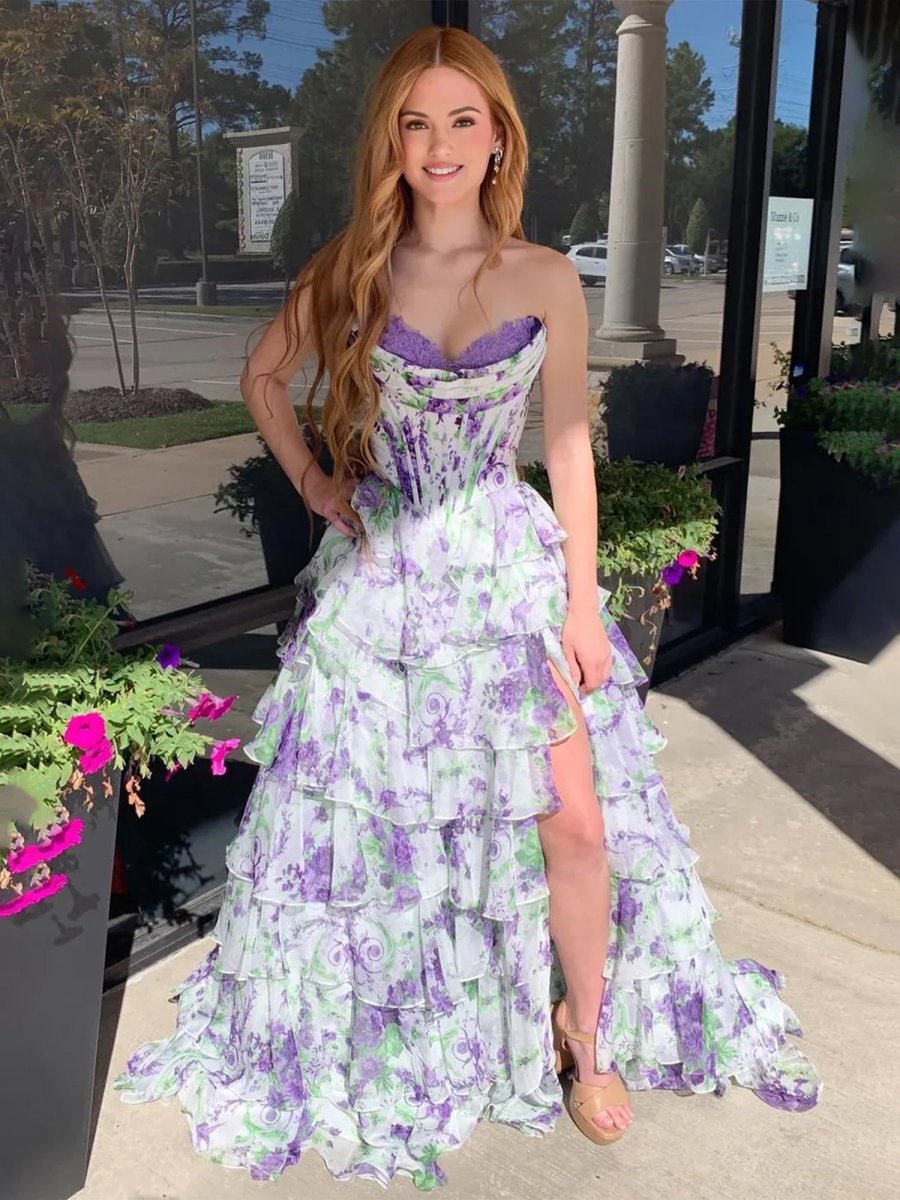Haruko | A-Line Blush Strapless Chiffon Floral Ruffled Prom Dress With Slit
