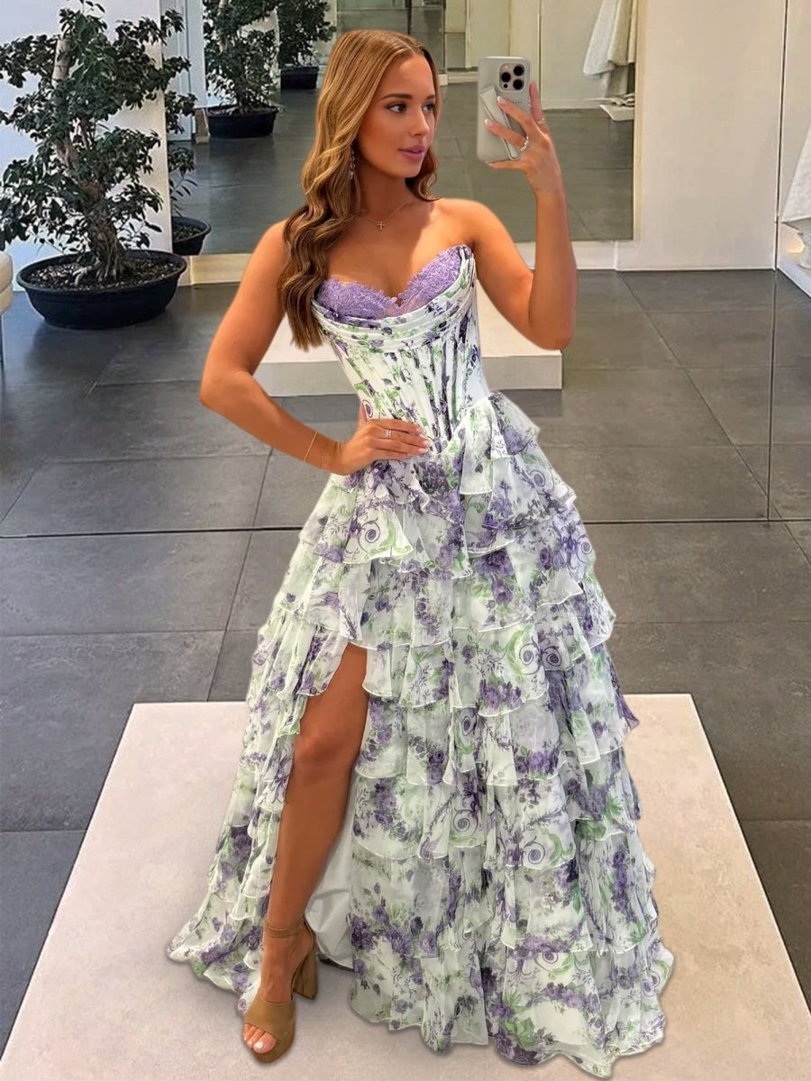 Haruko | A-Line Blush Strapless Chiffon Floral Ruffled Prom Dress With Slit
