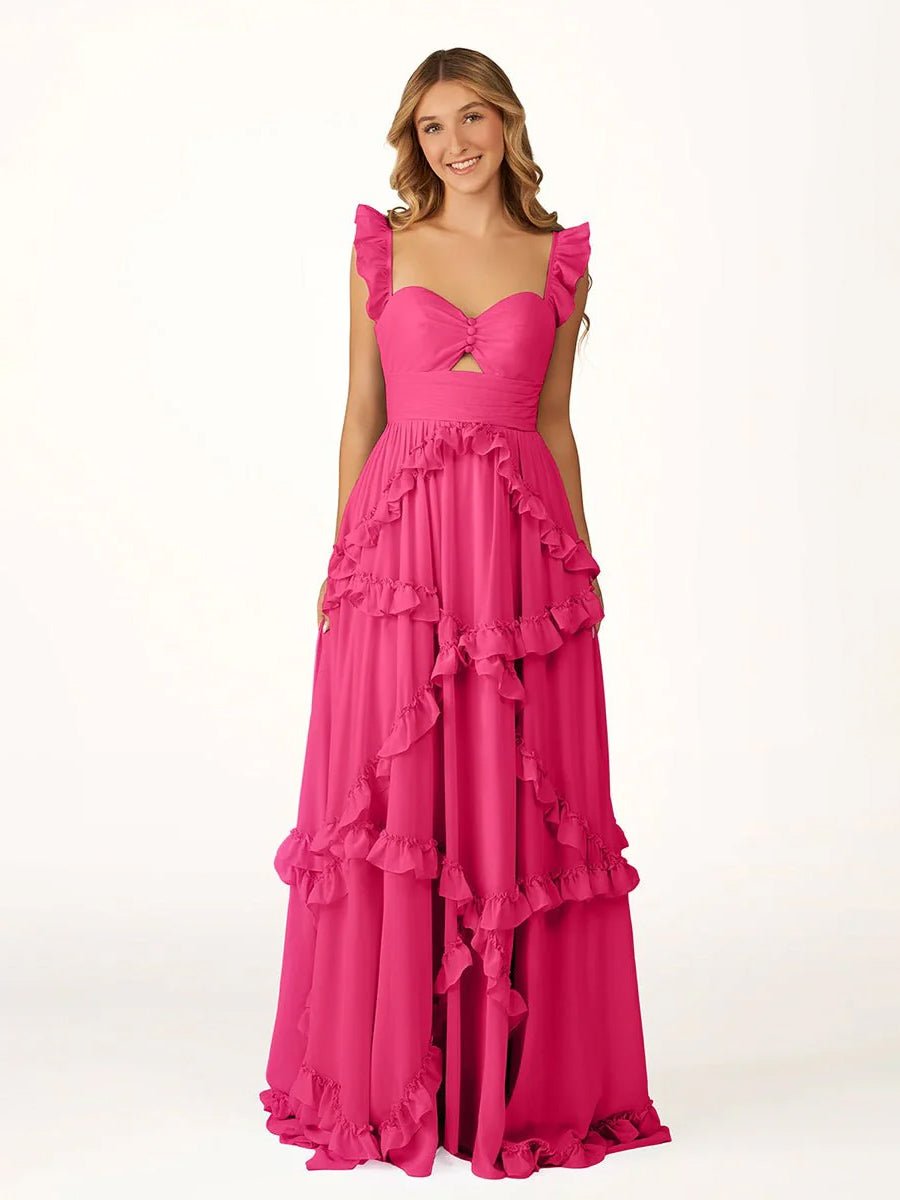 Hubery | A-Line Straps Sky Blue Chiffon Ruffles Long Prom Dress