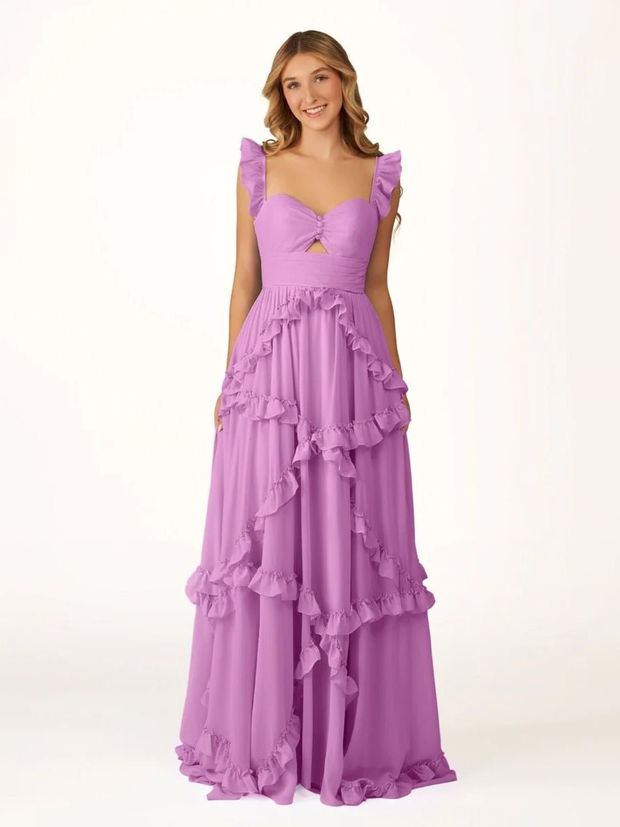 Hubery | A-Line Straps Sky Blue Chiffon Ruffles Long Prom Dress