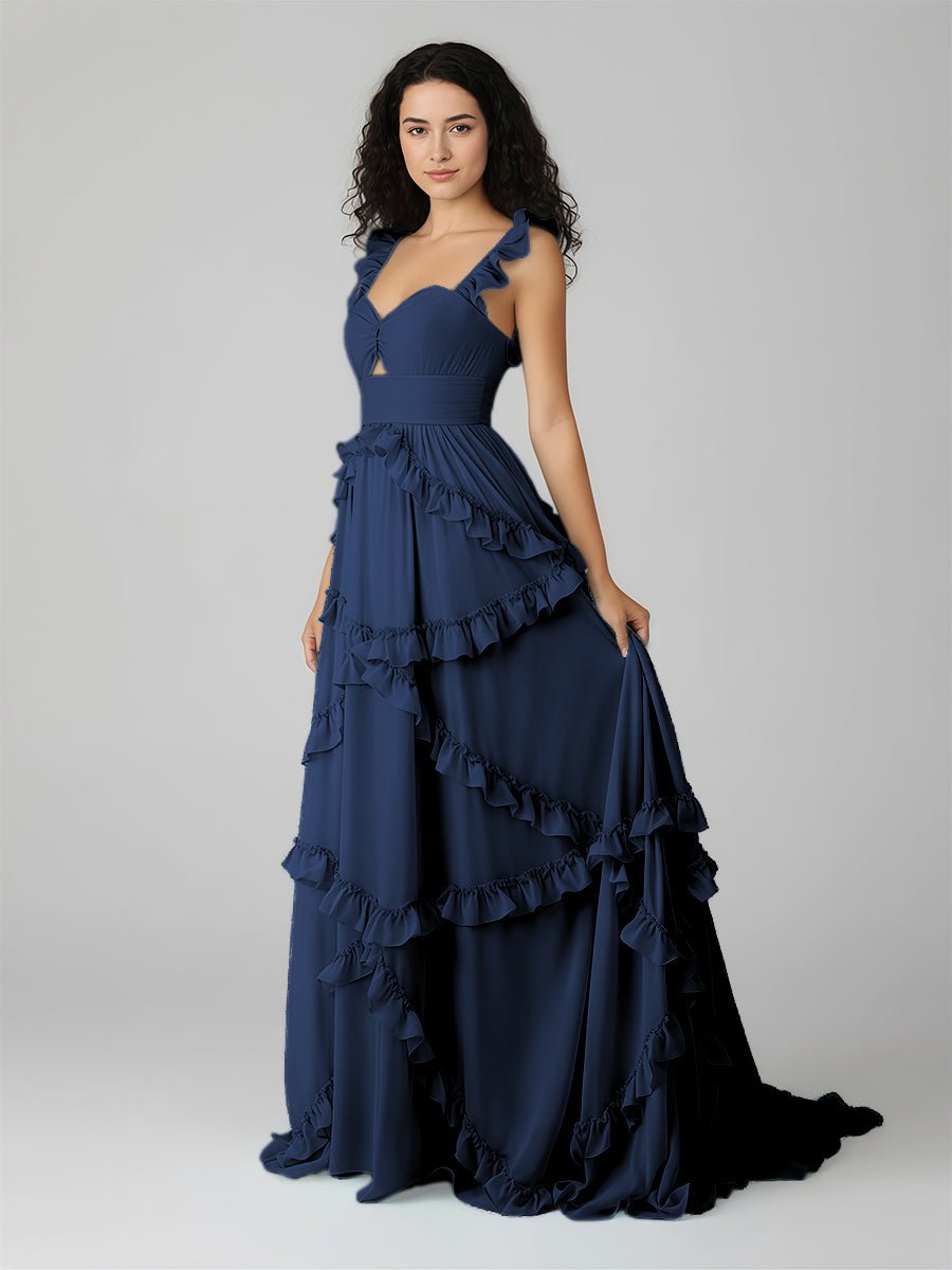 Hubery | A-Line Straps Sky Blue Chiffon Ruffles Long Prom Dress