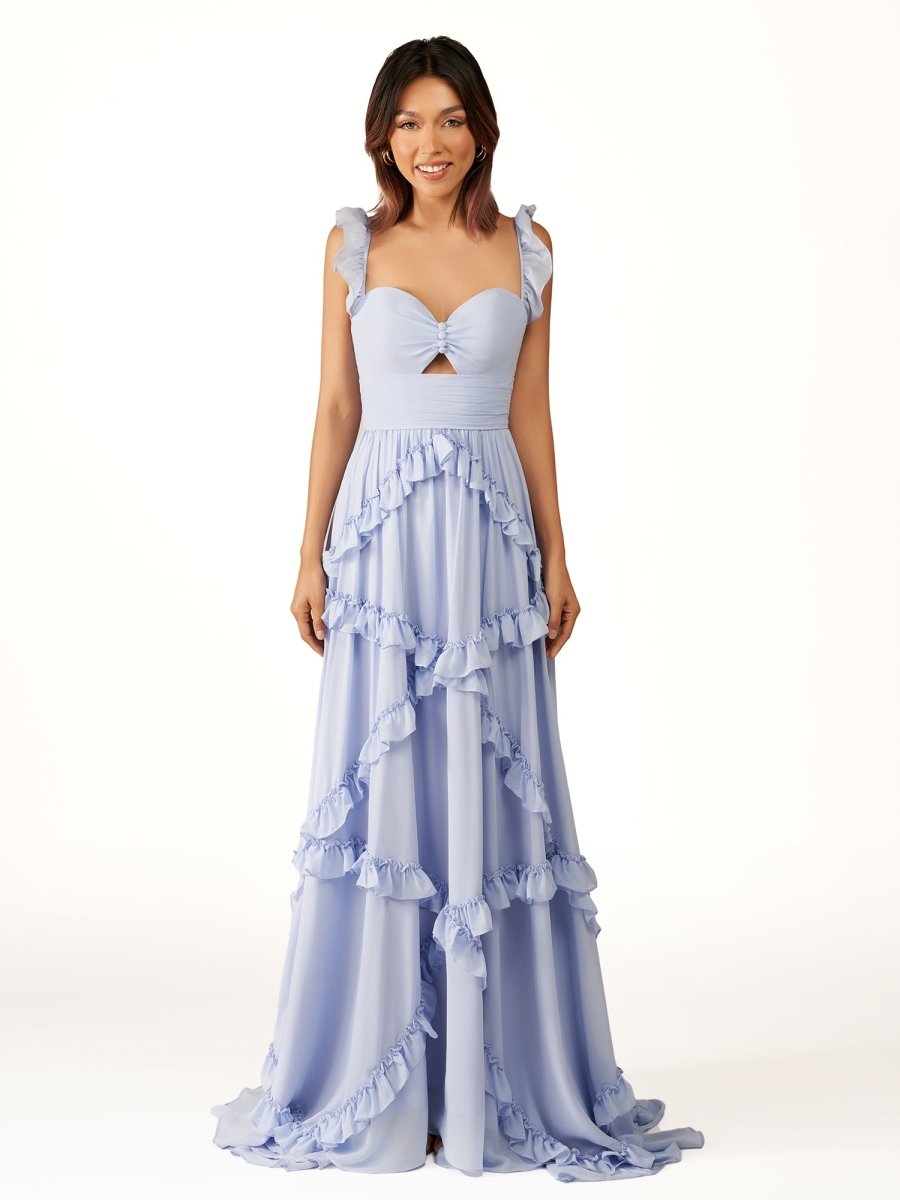 Hubery | A-Line Straps Sky Blue Chiffon Ruffles Long Prom Dress