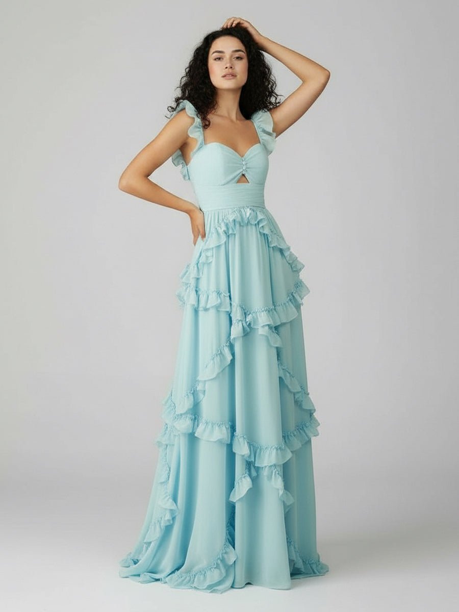 Hubery | A-Line Straps Sky Blue Chiffon Ruffles Long Prom Dress