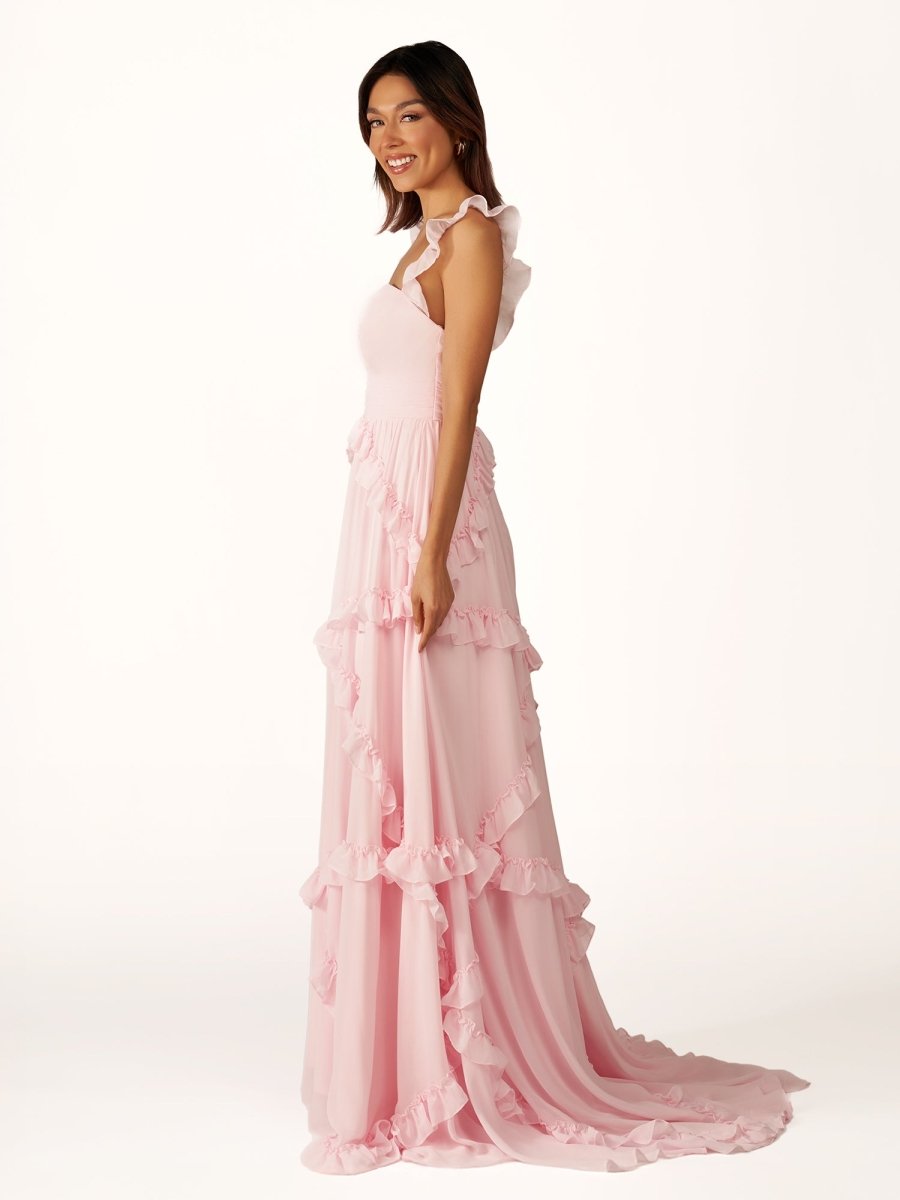 Hubery | A-Line Straps Sky Blue Chiffon Ruffles Long Prom Dress