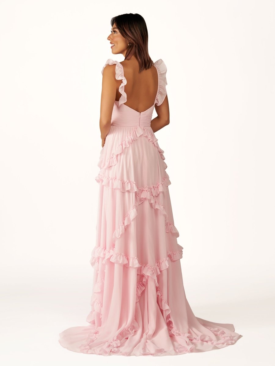 Hubery | A-Line Straps Sky Blue Chiffon Ruffles Long Prom Dress