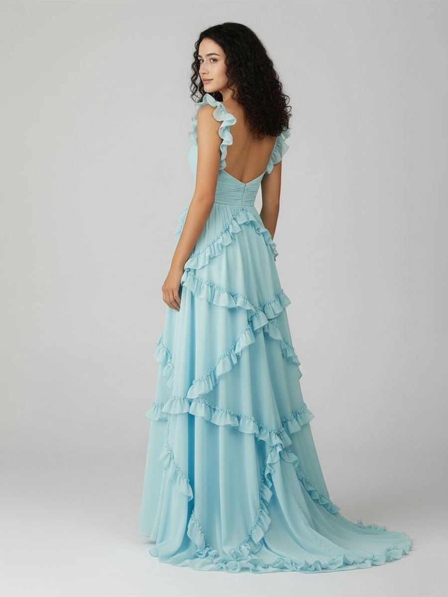 Hubery | A-Line Straps Sky Blue Chiffon Ruffles Long Prom Dress