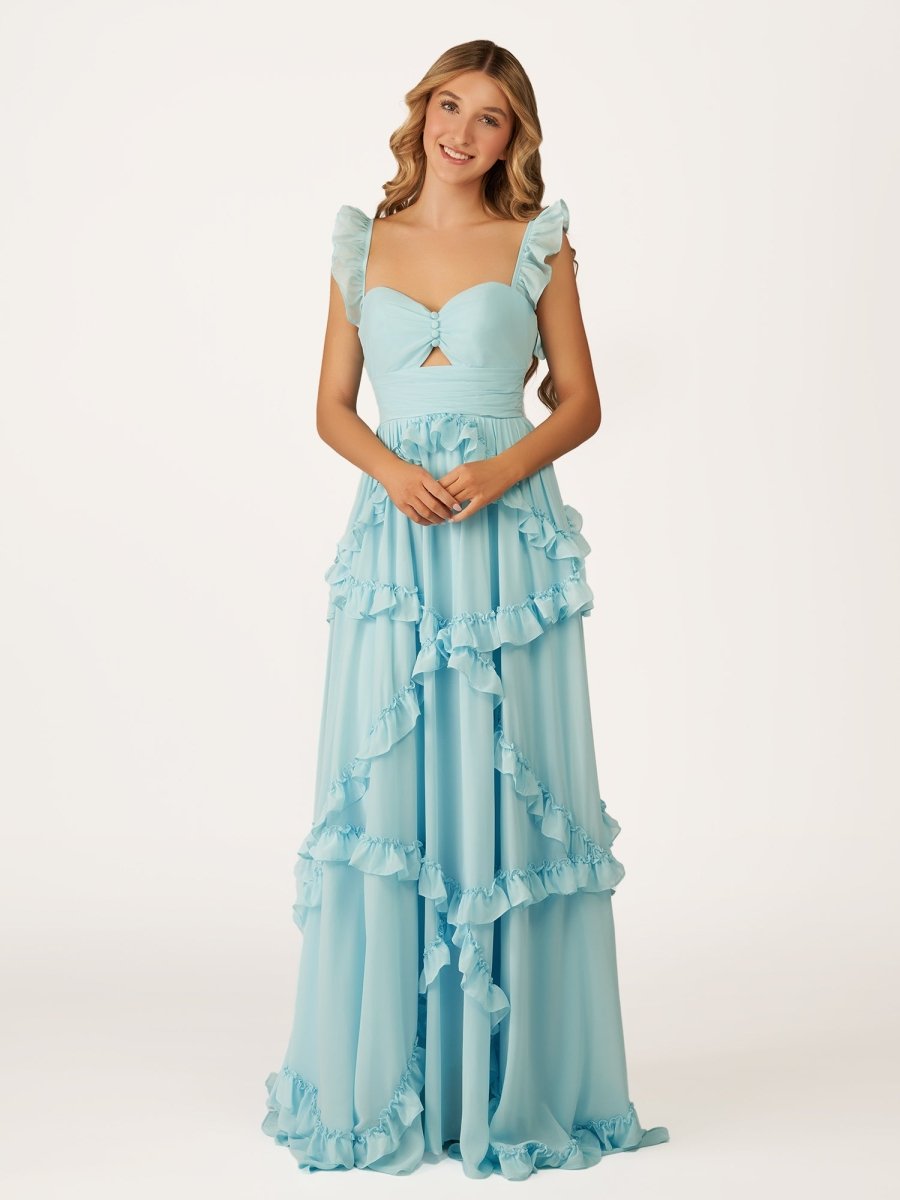 Hubery | A-Line Straps Sky Blue Chiffon Ruffles Long Prom Dress