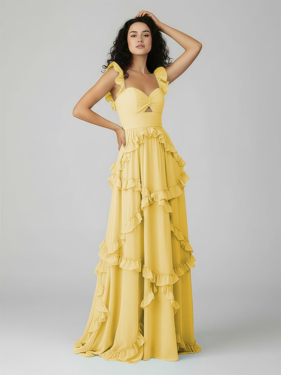 Hubery | A-Line Straps Sky Blue Chiffon Ruffles Long Prom Dress