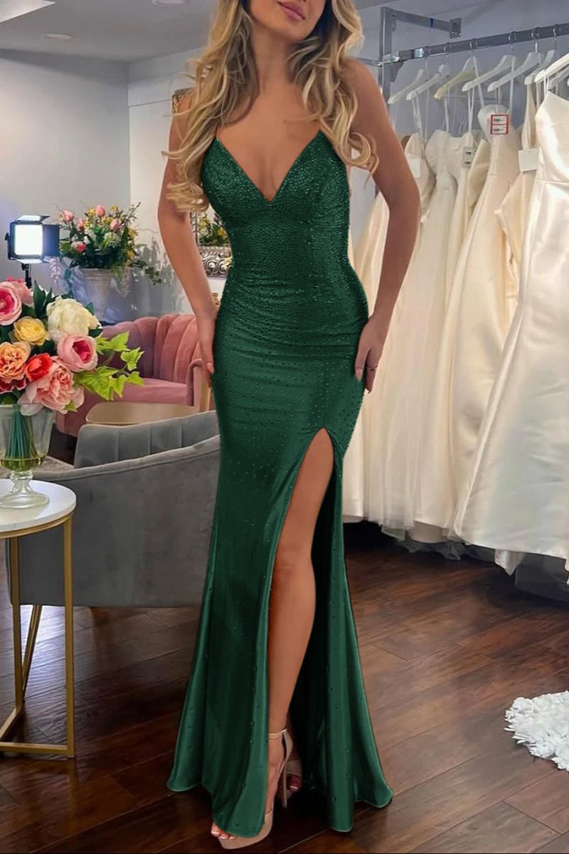 Jean | Sexy Mermaid V Neck Satin Slit Prom Dress with Hot Stone