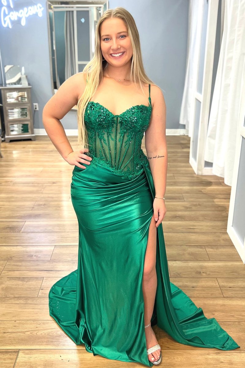 Paddy | Silver Spaghetti Straps Mermaid Appliqued Prom Dress With Split