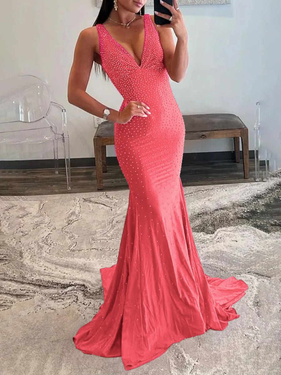 Beaded Satin Mermaid Long Prom Dress