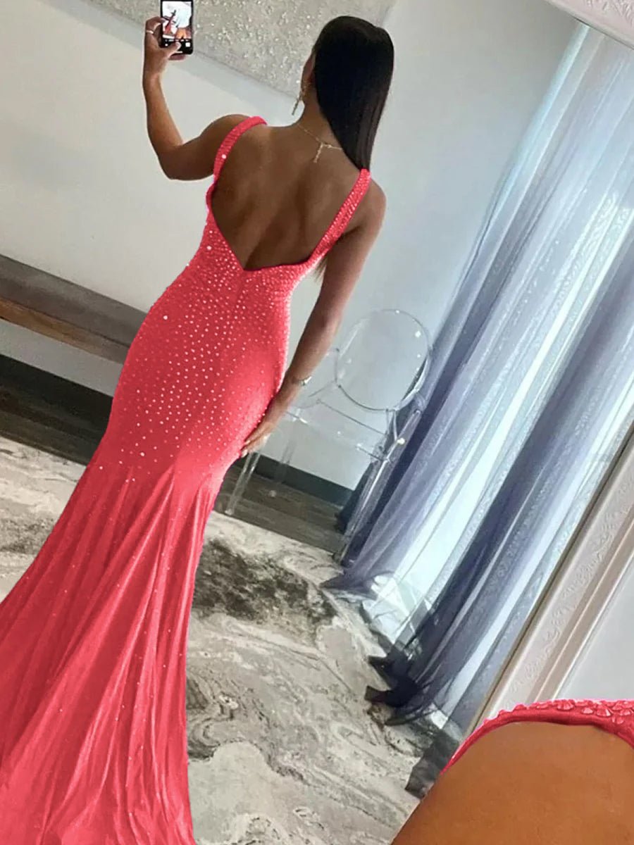 Beaded Satin Mermaid Long Prom Dress