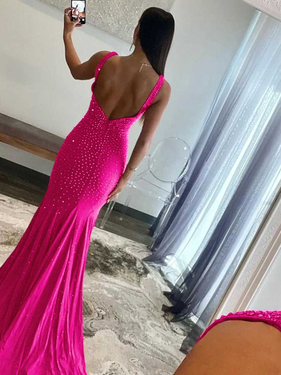 Beaded Satin Mermaid Long Prom Dress