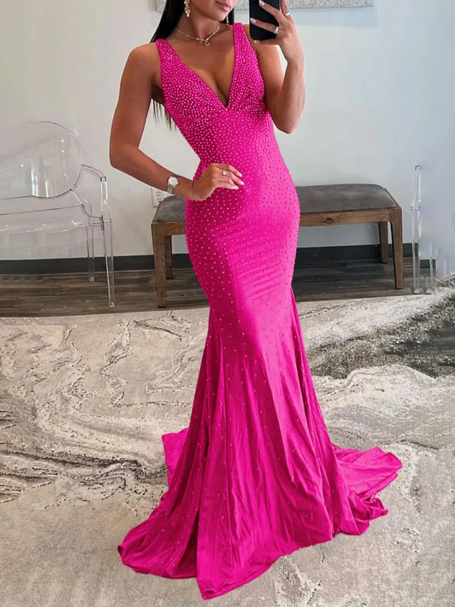 Beaded Satin Mermaid Long Prom Dress