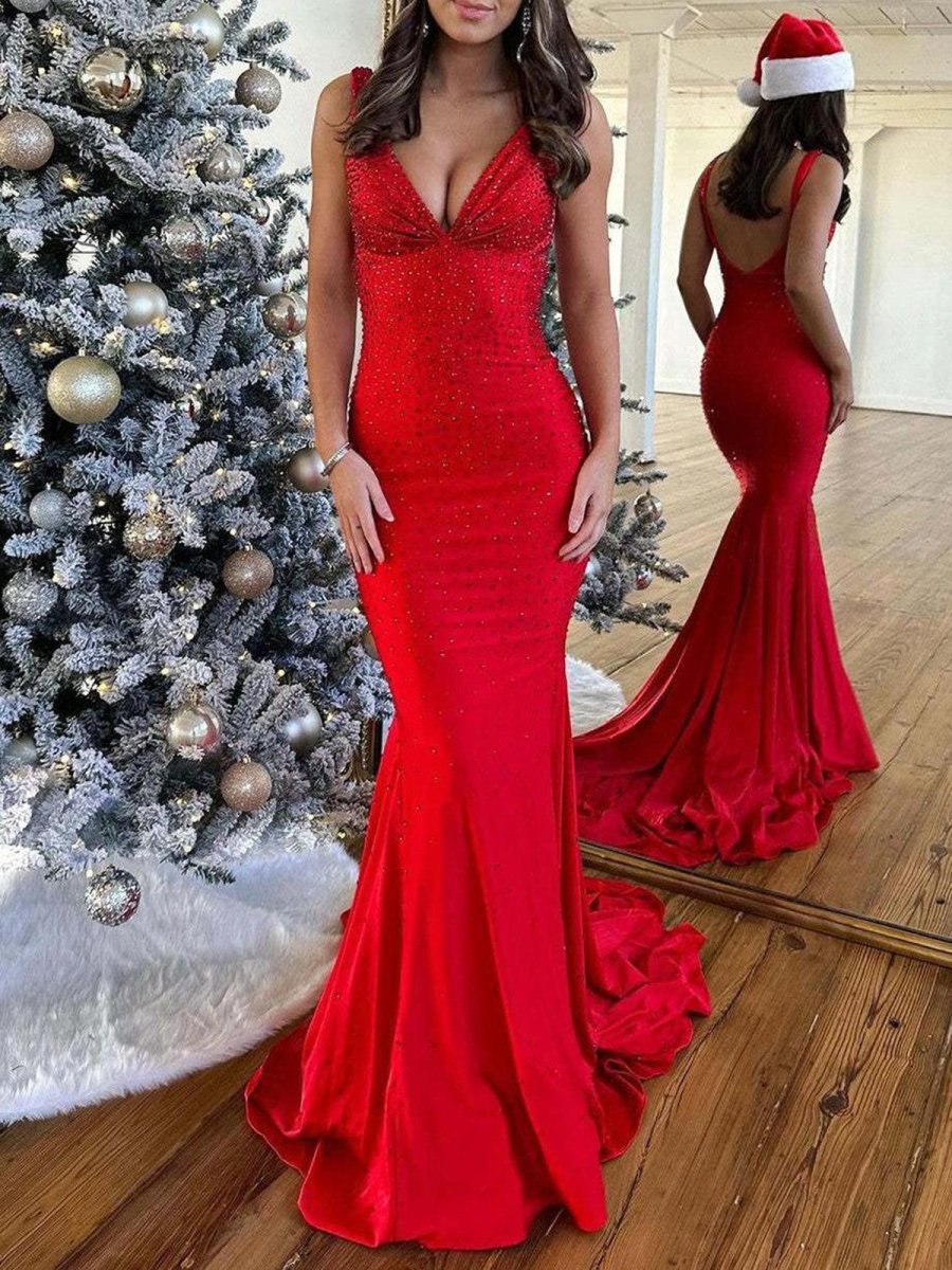 Beaded Satin Mermaid Long Prom Dress