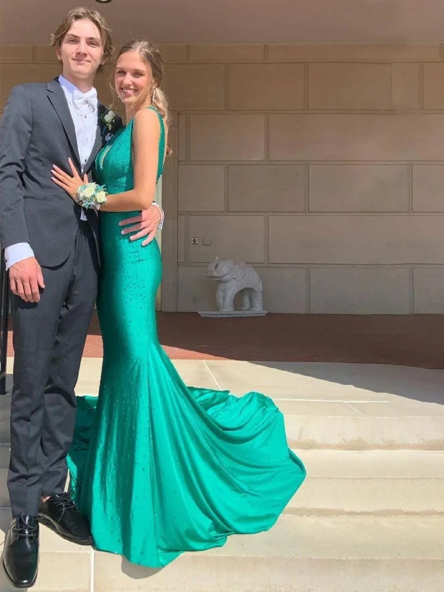 Beaded Satin Mermaid Long Prom Dress