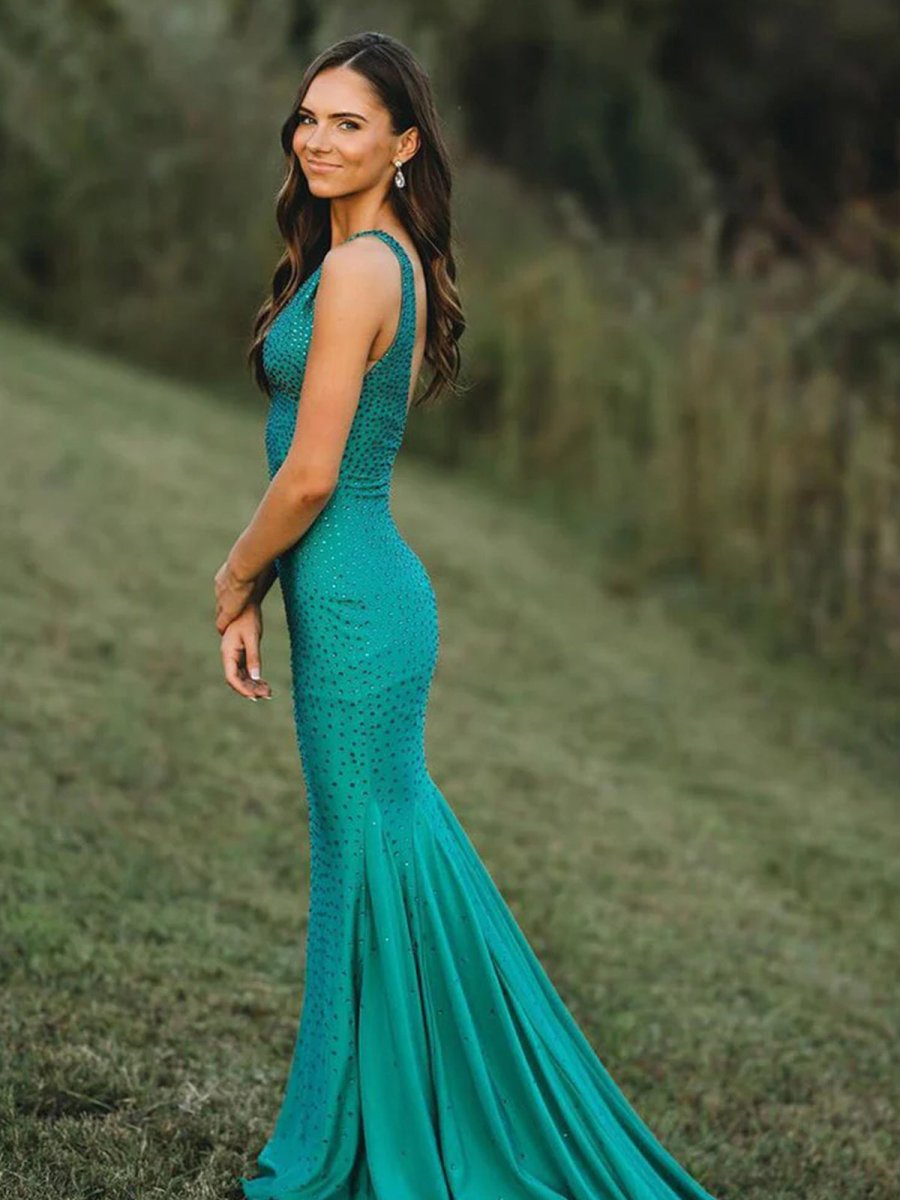 Beaded Satin Mermaid Long Prom Dress