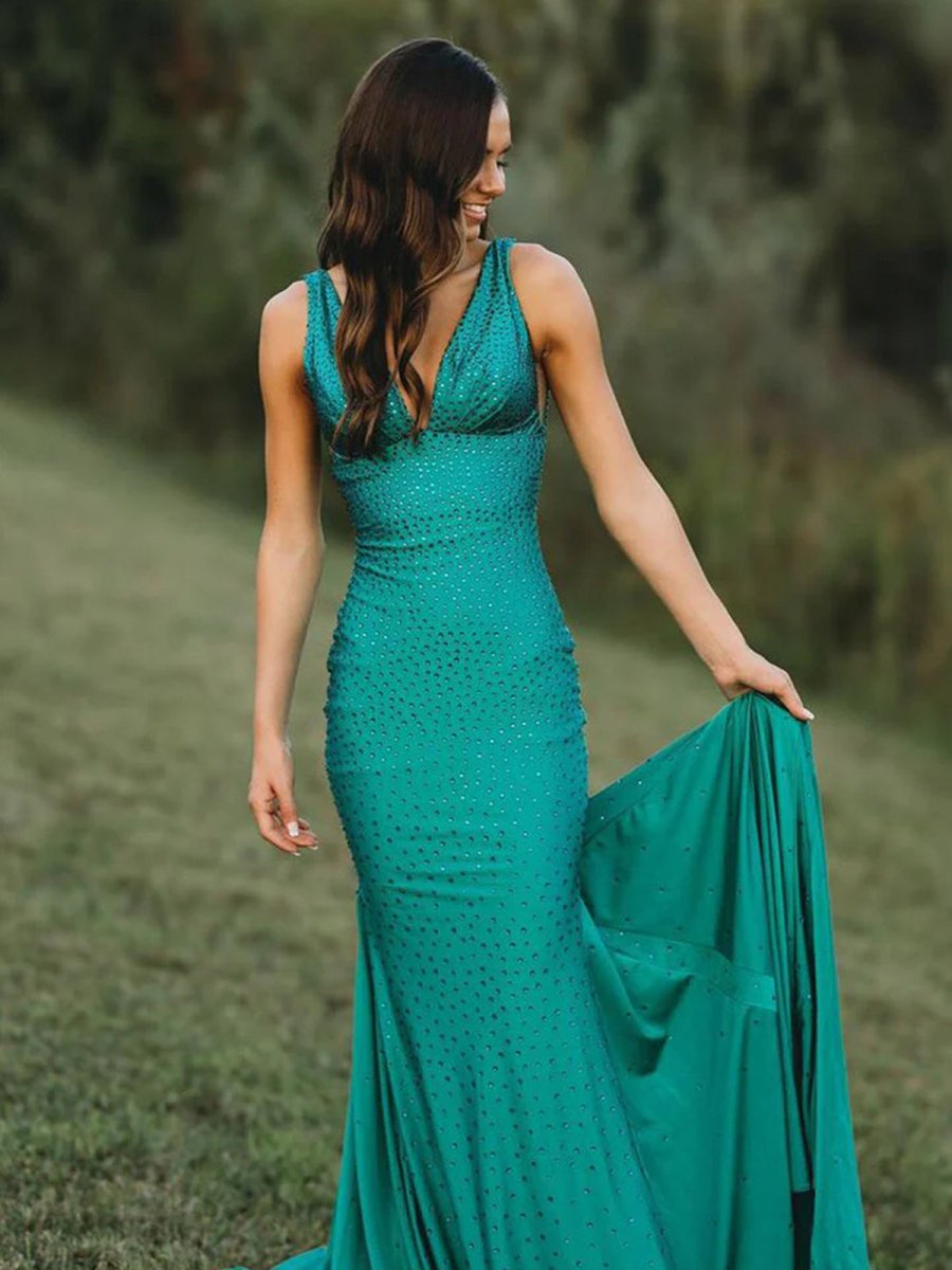 Beaded Satin Mermaid Long Prom Dress