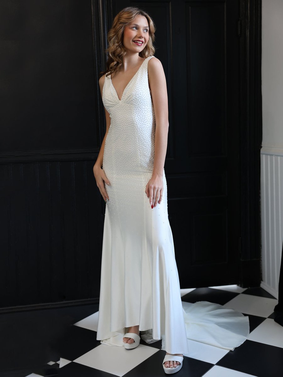 Beaded Satin Mermaid Long Prom Dress