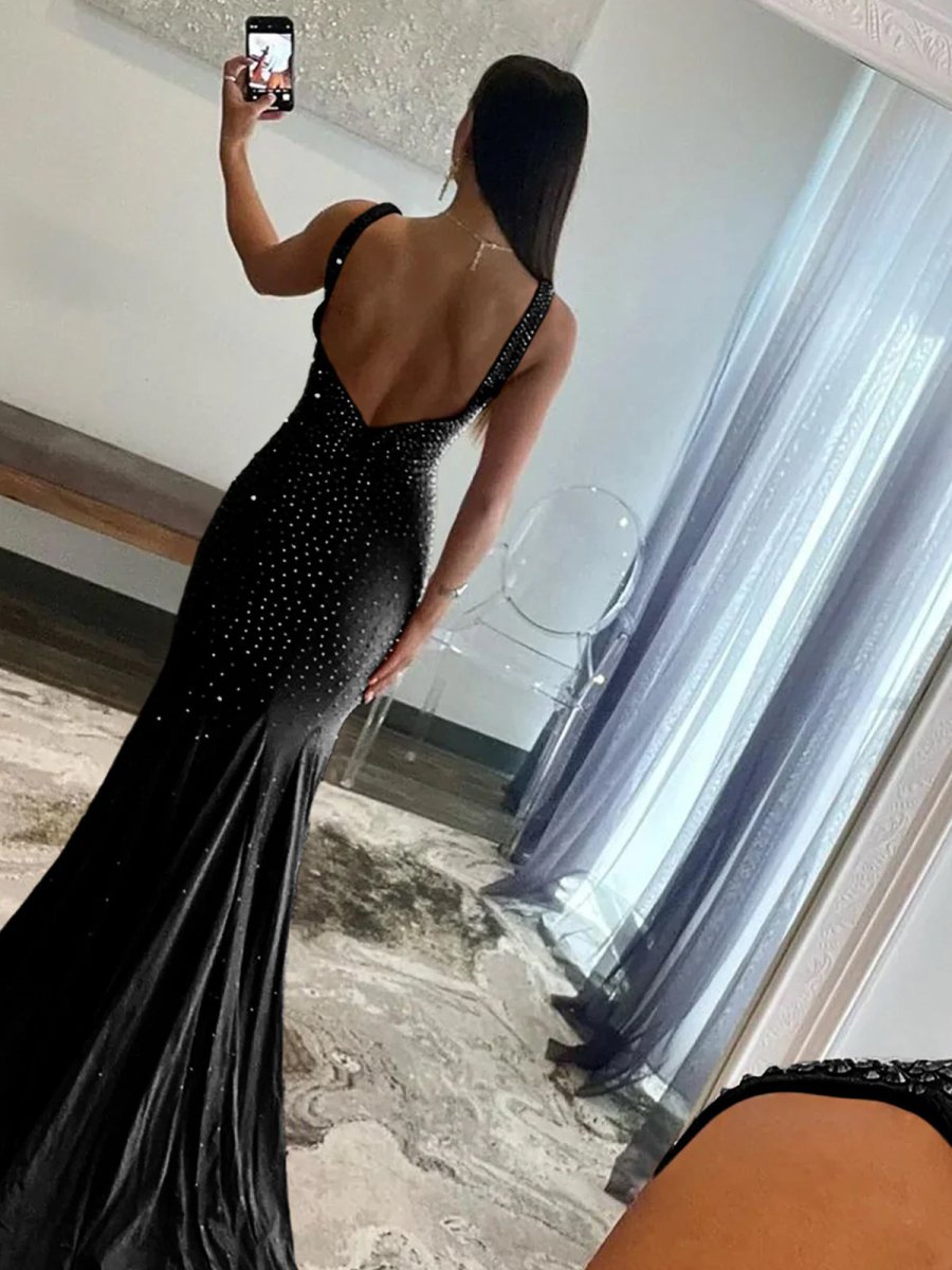 Beaded Satin Mermaid Long Prom Dress