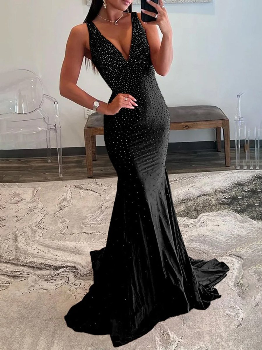 Beaded Satin Mermaid Long Prom Dress