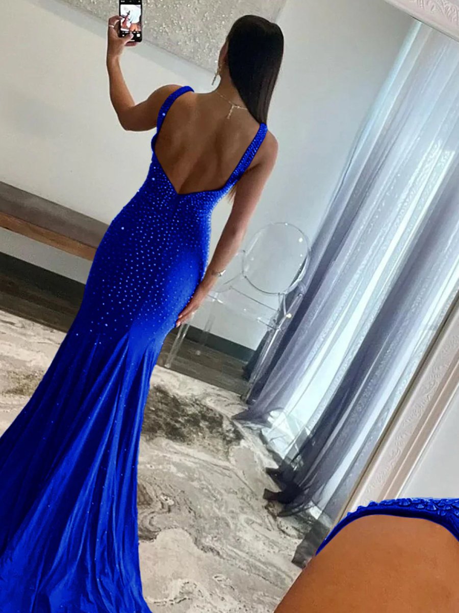Beaded Satin Mermaid Long Prom Dress
