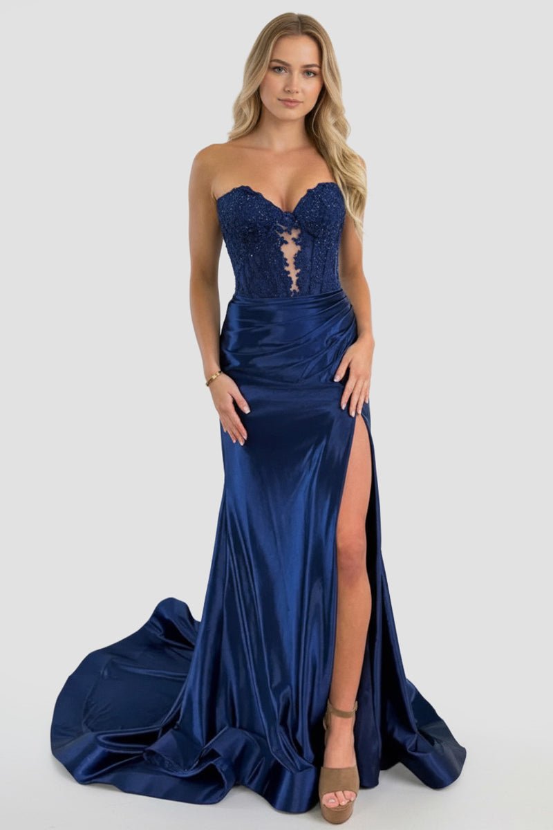 Aeth | Royal Blue Strapless Lace Mermaid Long Prom Dresses With Slit