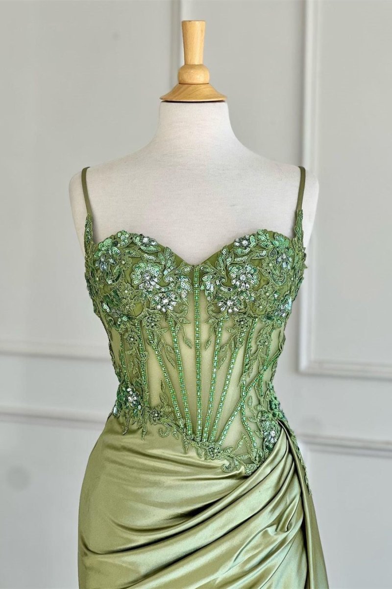 Paddy | Silver Spaghetti Straps Mermaid Appliqued Prom Dress With Split