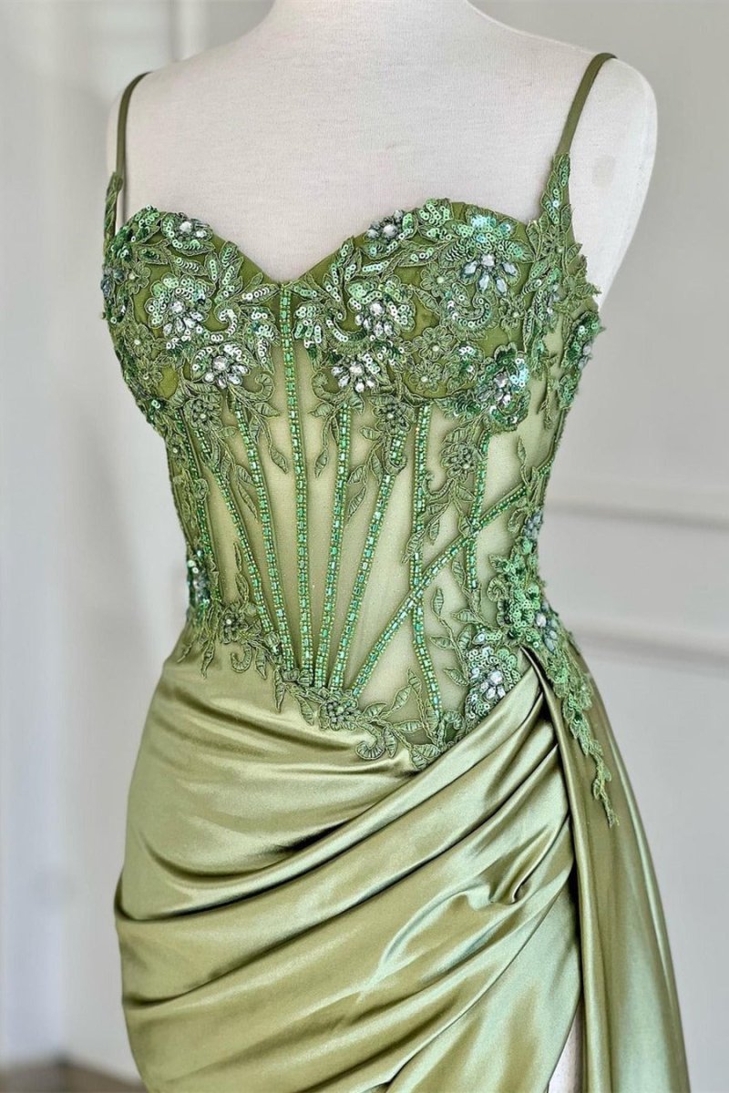 Paddy | Silver Spaghetti Straps Mermaid Appliqued Prom Dress With Split
