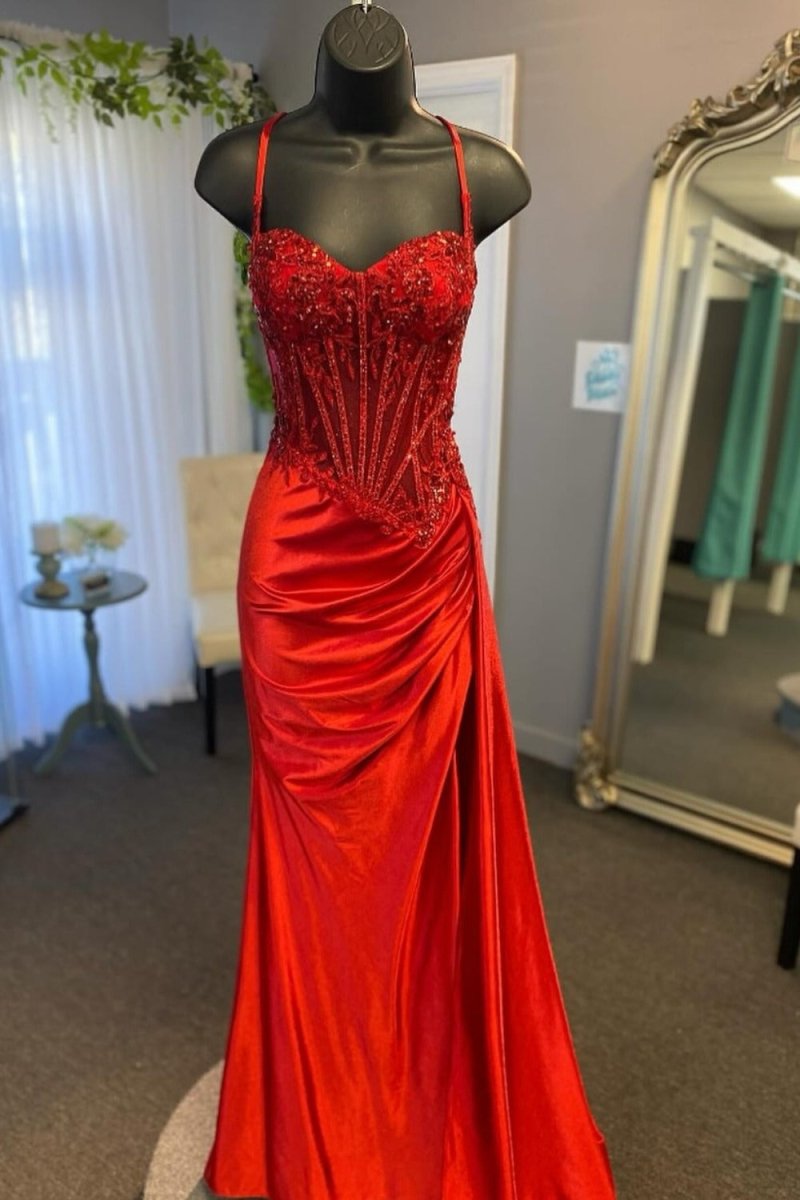 Paddy | Silver Spaghetti Straps Mermaid Appliqued Prom Dress With Split