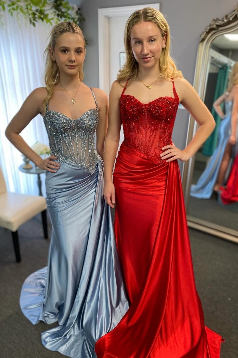 Paddy | Silver Spaghetti Straps Mermaid Appliqued Prom Dress With Split