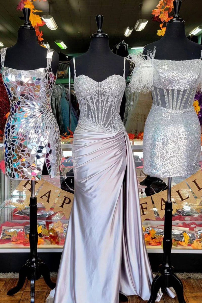 Paddy | Silver Spaghetti Straps Mermaid Appliqued Prom Dress With Split