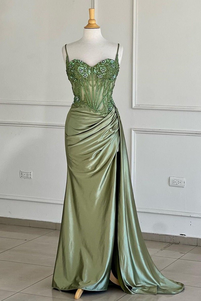 Paddy | Silver Spaghetti Straps Mermaid Appliqued Prom Dress With Split