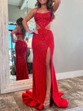 Petra | Red Spaghetti Straps Cutout Beaded Mermaid Long Dress With Split
