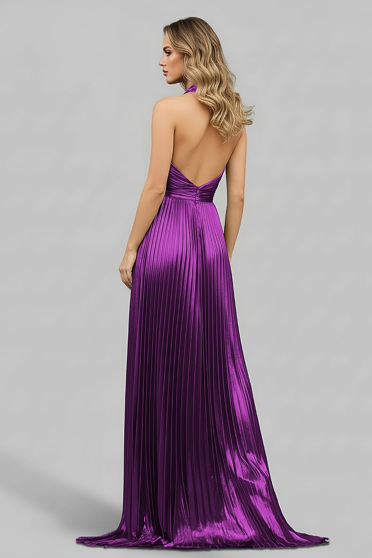 Peacock Blue Halter Neck A-Line Long Prom Dress With Split