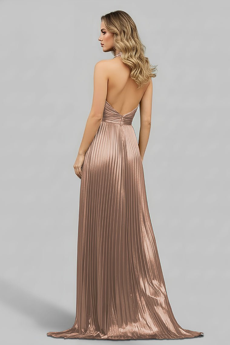 Peacock Blue Halter Neck A-Line Long Prom Dress With Split