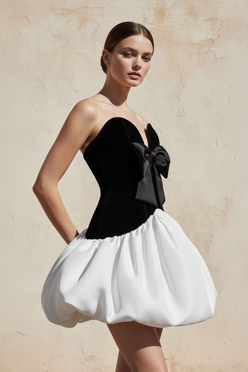 Satin and Velvet Corset Mini Dress in Black and White