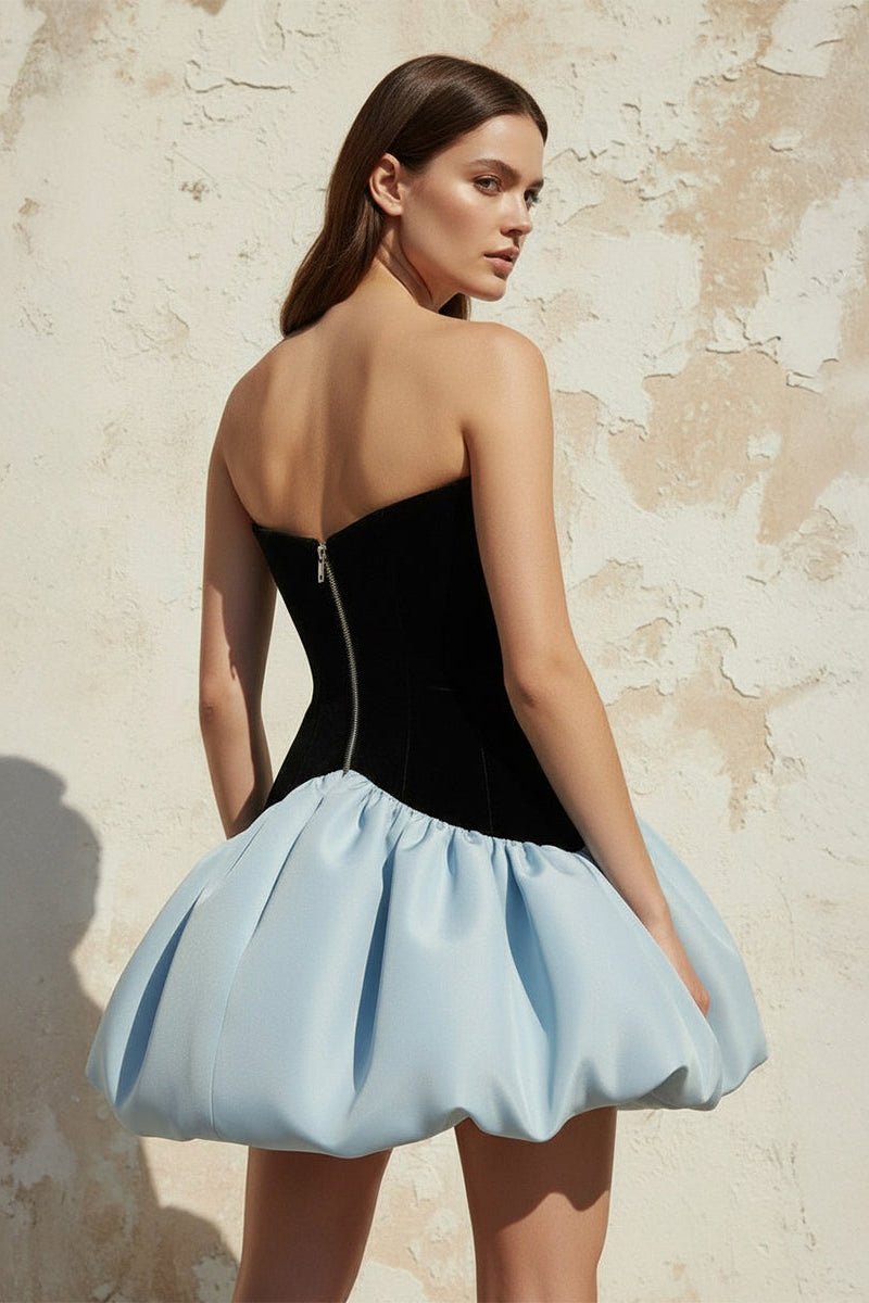 Satin and Velvet Corset Mini Dress in Blue and Black