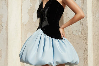 Satin and Velvet Corset Mini Dress in Blue and Black