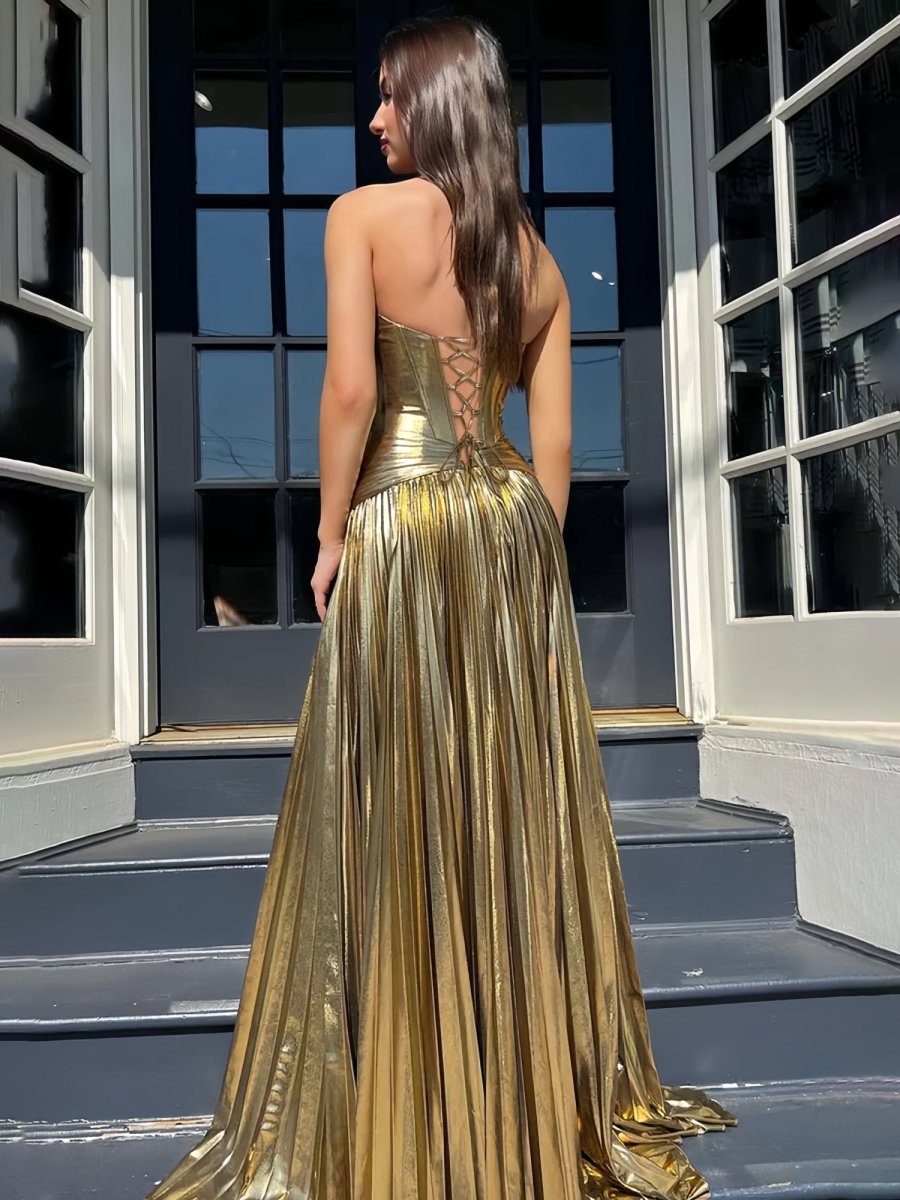 Sileas | Sweetheart Metallic Pleated Long Formal Dress With Slit
