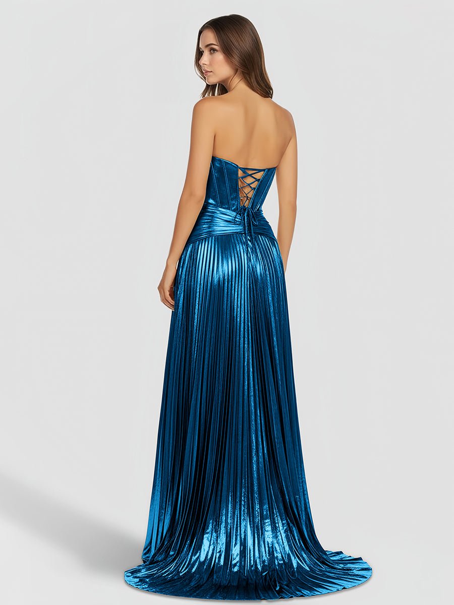 Sileas | Sweetheart Metallic Pleated Long Formal Dress With Slit