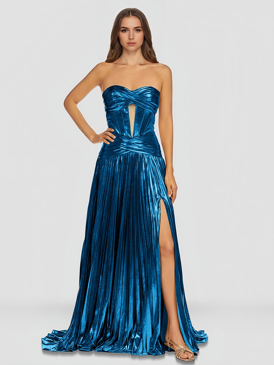 Sileas | Sweetheart Metallic Pleated Long Formal Dress With Slit