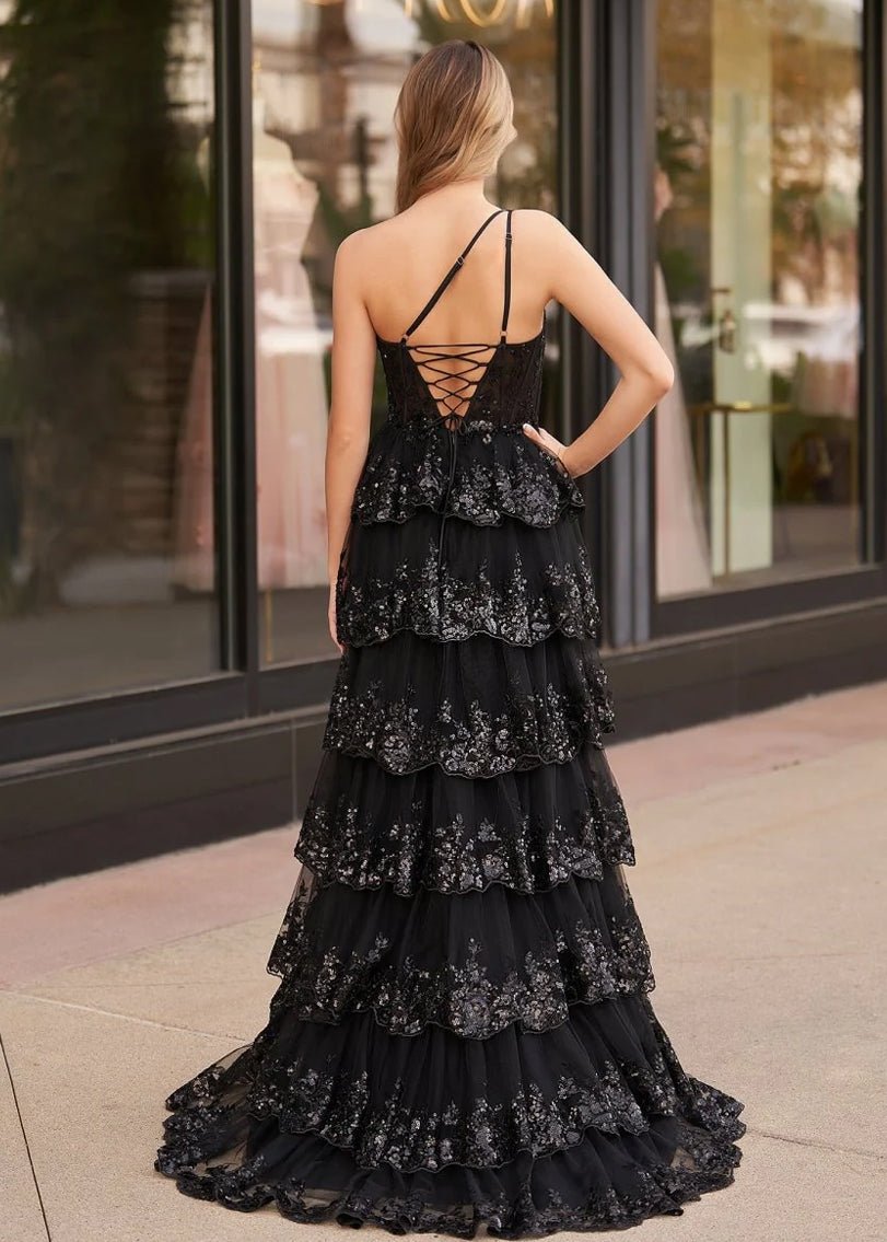 Livia |Sheath One Shoulder Tiered Lace Long Prom Dress