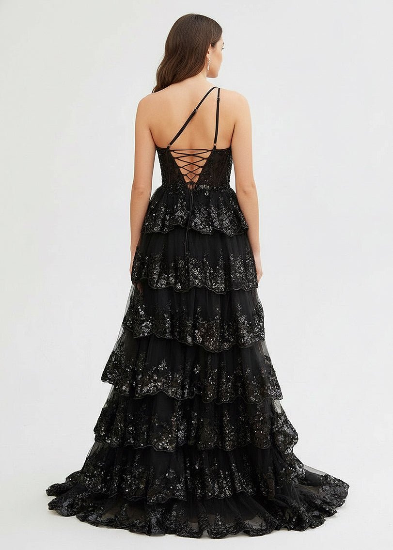 Livia |Sheath One Shoulder Tiered Lace Long Prom Dress