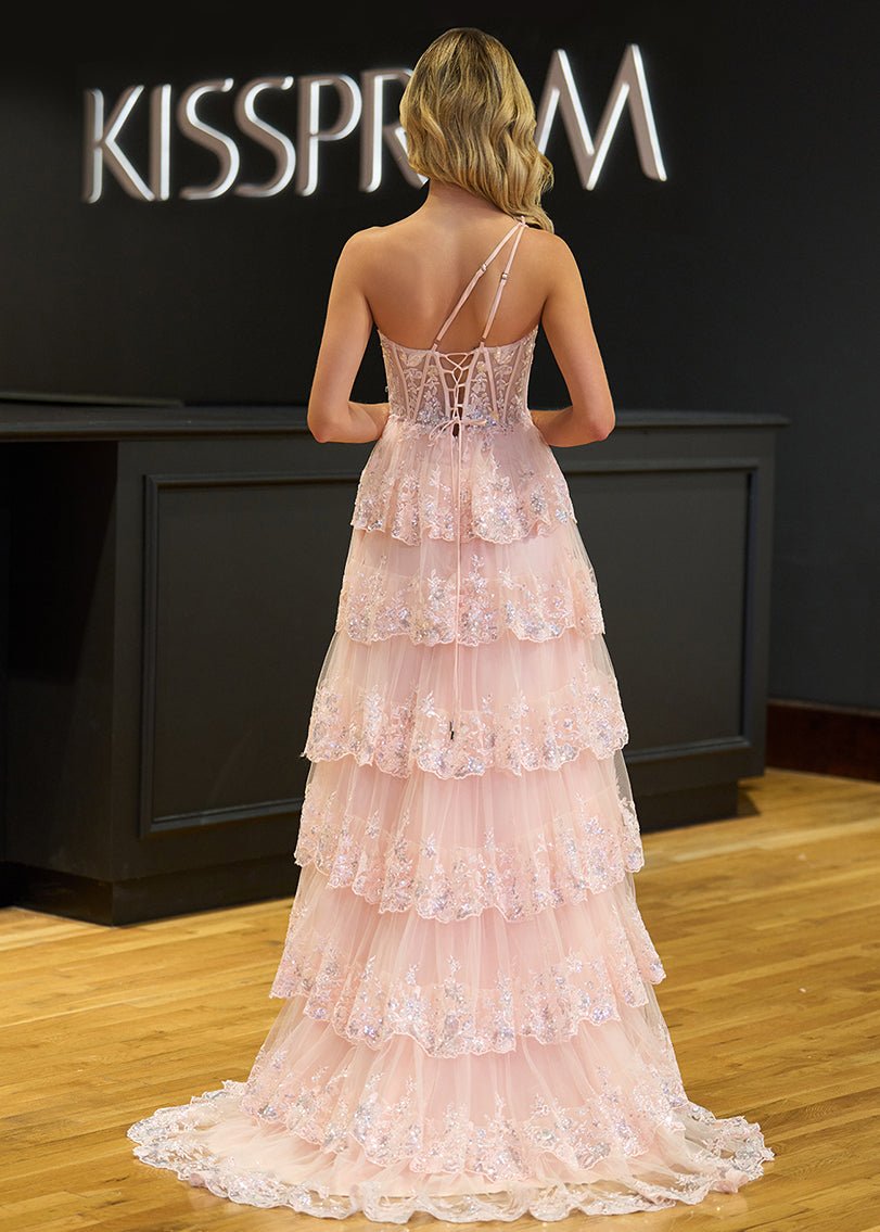 Livia |Sheath One Shoulder Tiered Lace Long Prom Dress
