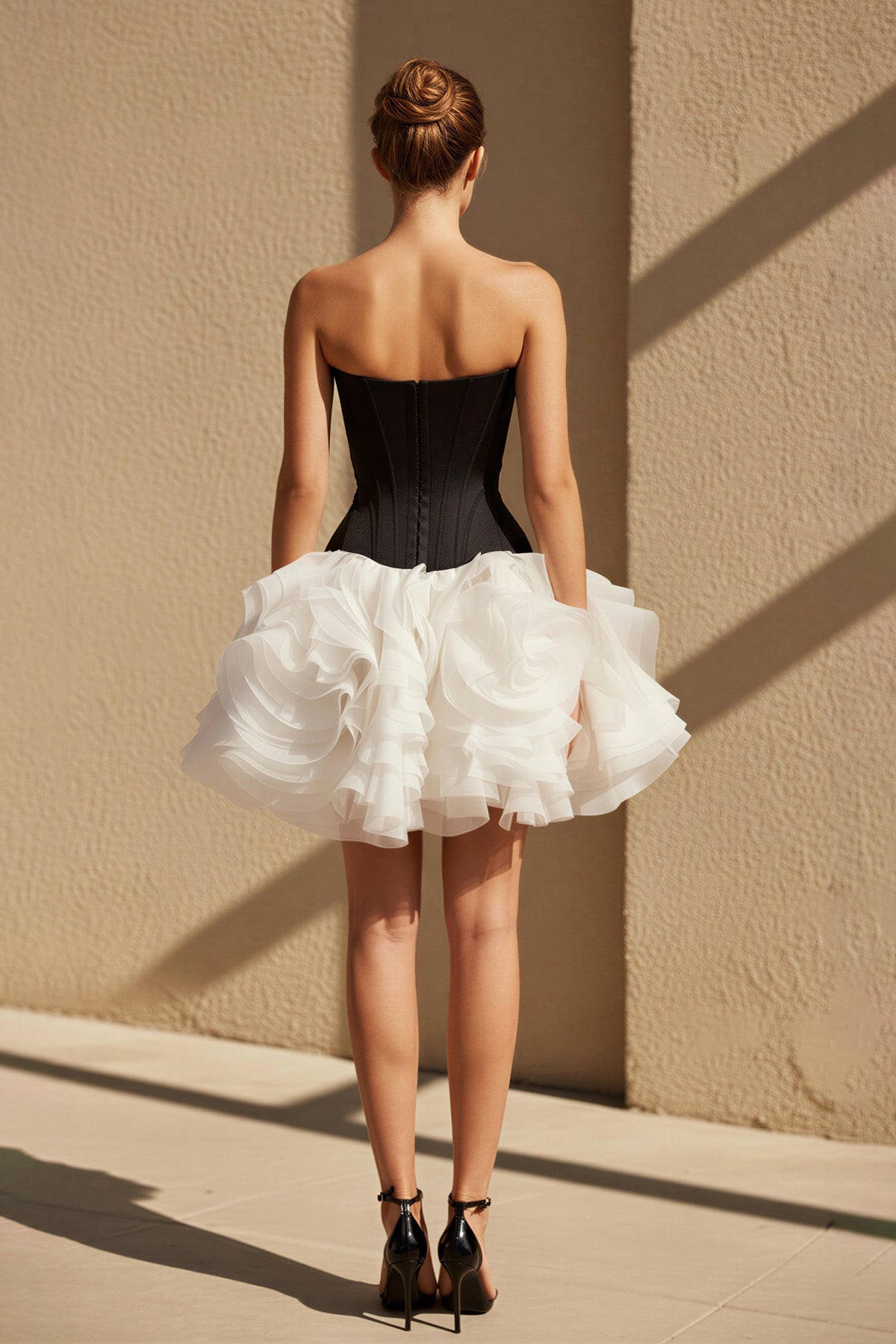 Strapless Ruffled Mini Dress in Black and White