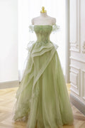 Nellie | Green Tulle Lace Long Prom Dress with Corset, Green Formal Party Dress