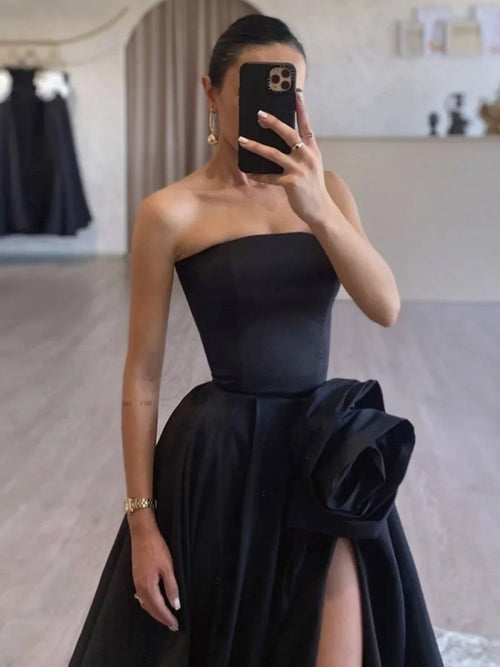 Vanora | Black Strapless Satin Long Prom Dress With High Split