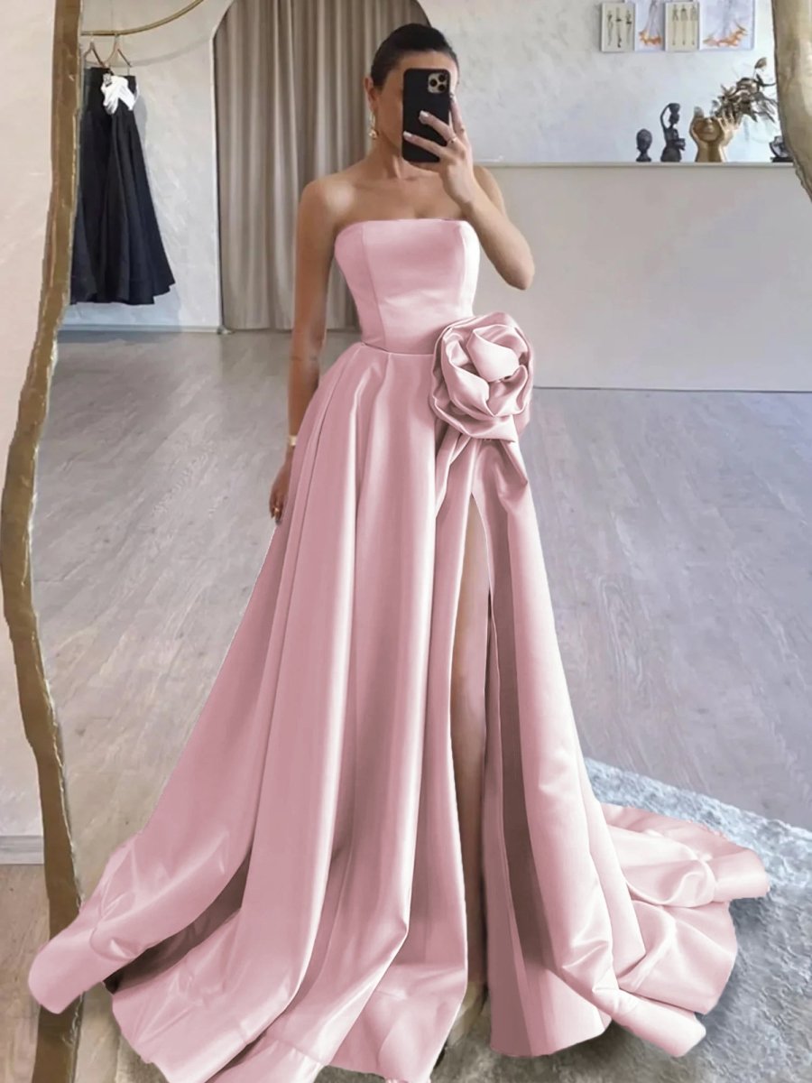 Vanora | Black Strapless Satin Long Prom Dress With High Split