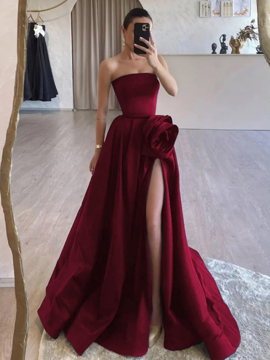 Vanora | Black Strapless Satin Long Prom Dress With High Split